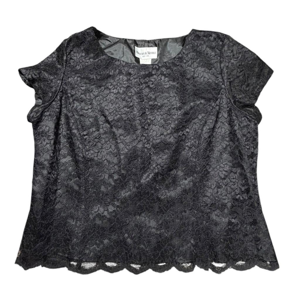 VTG Danny & Nicole Black Floral Lace Blouse Scalloped Hem Lined Women 18 Top NWT